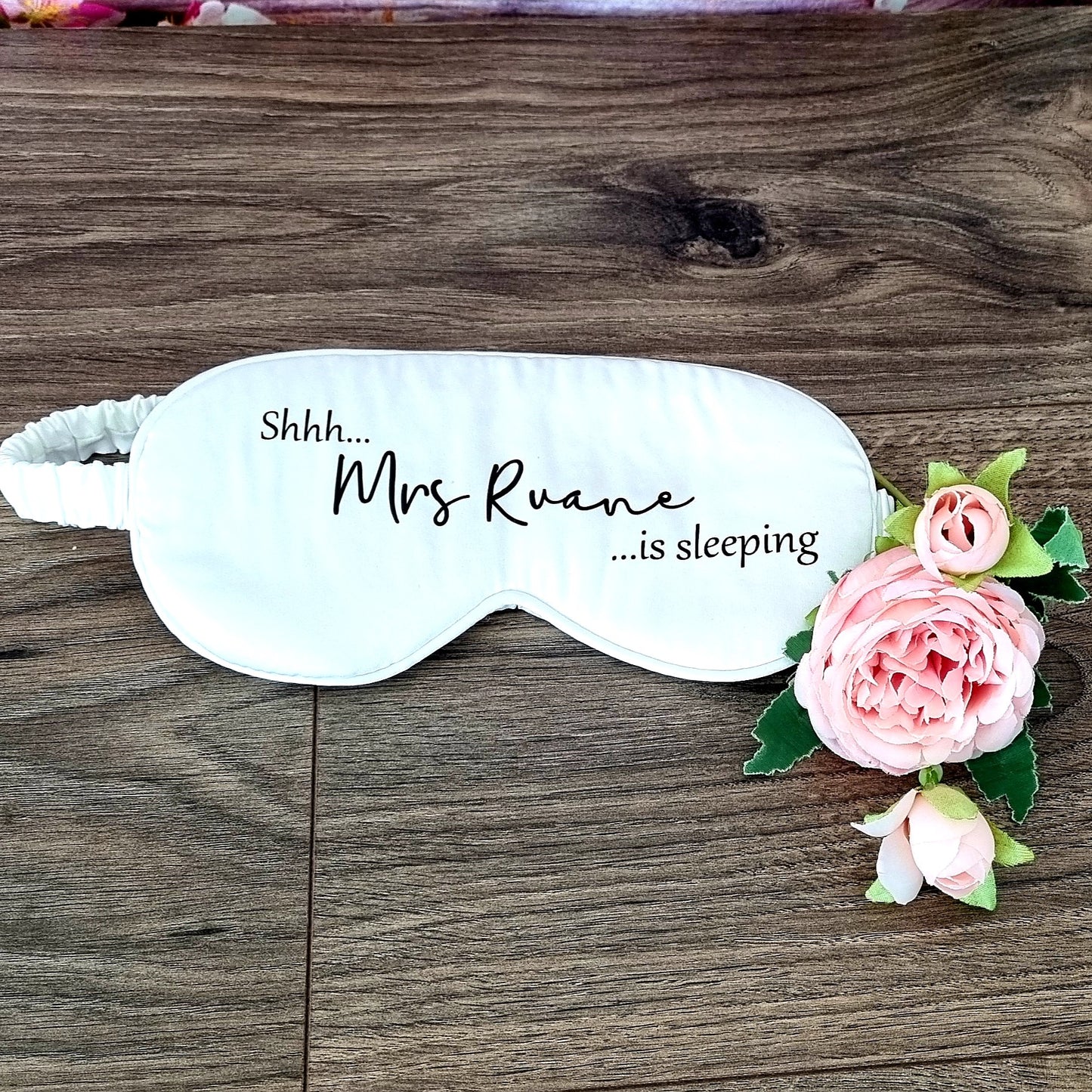 White satin eye mask personalised with name