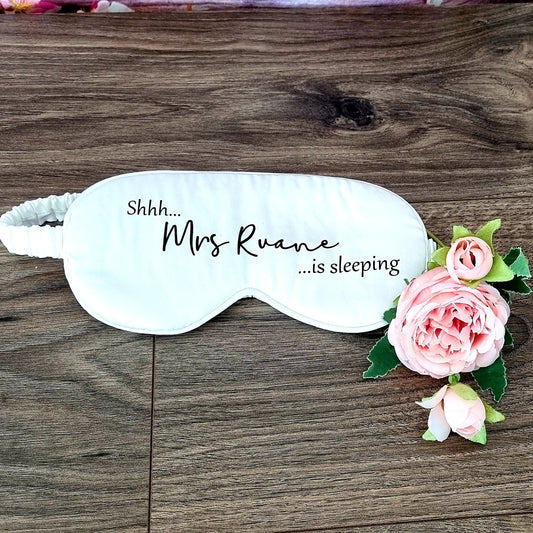 White satin eye mask personalised with name