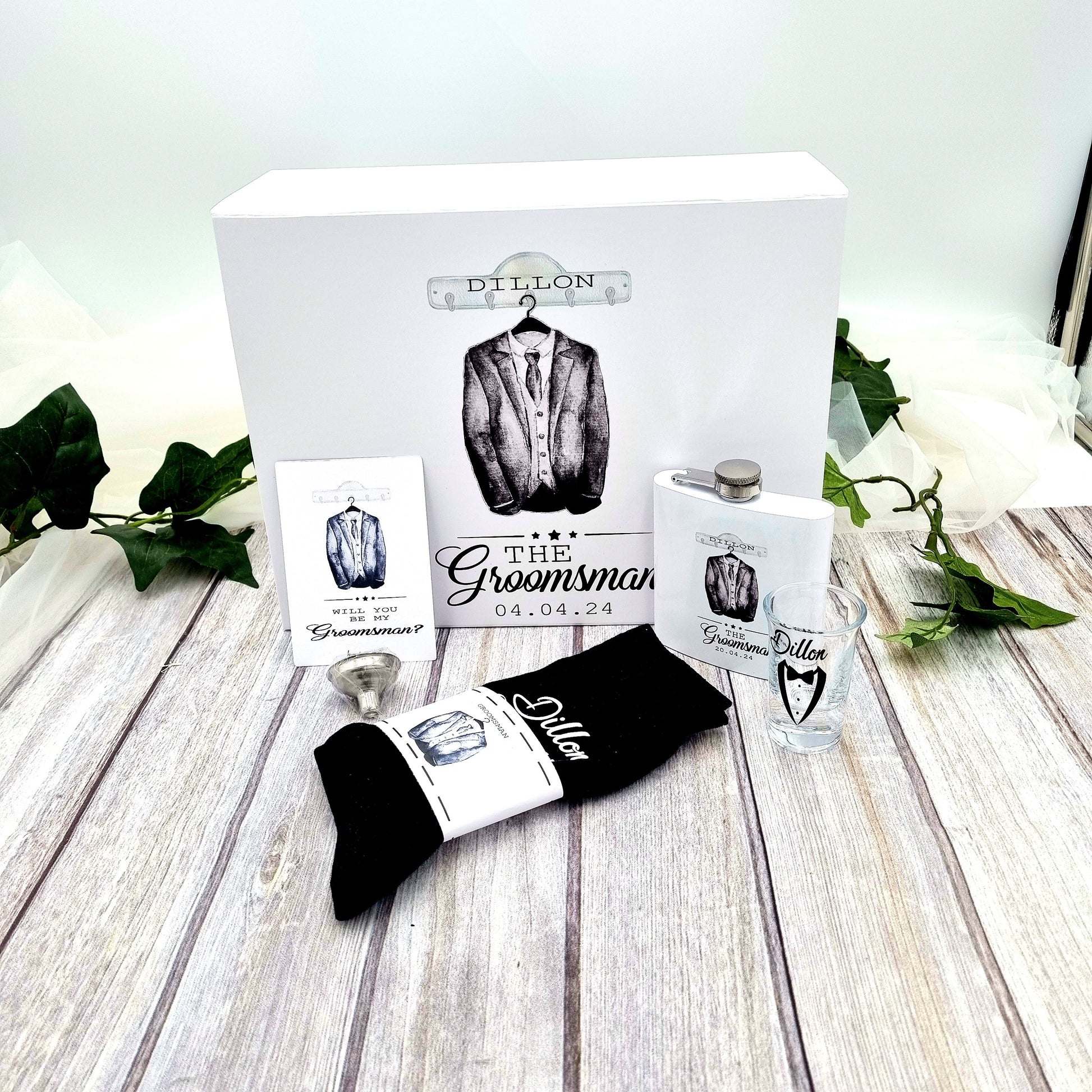 Groom bestman or groomsman gift set with personalised gift box, flask, socks and shot glass.