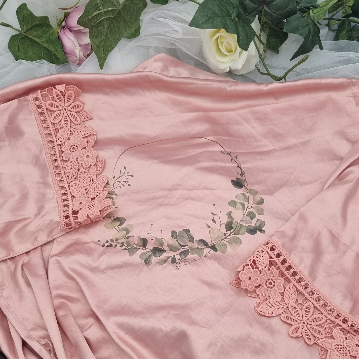 Dusty Rose Robe With Eucalyptus Wreath Design