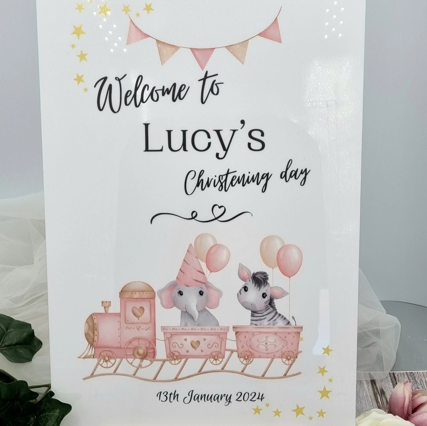 Personalised animal train christening memory book and sign bundle