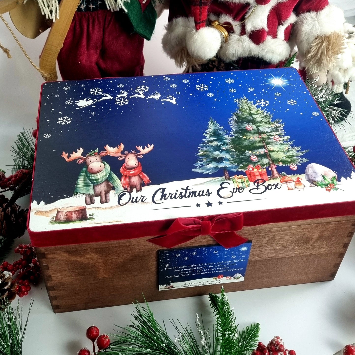 Personalised wooden Christmas Eve Box with festive design and bow, perfect keepsake gift for families and children to enjoy on Christmas Eve.