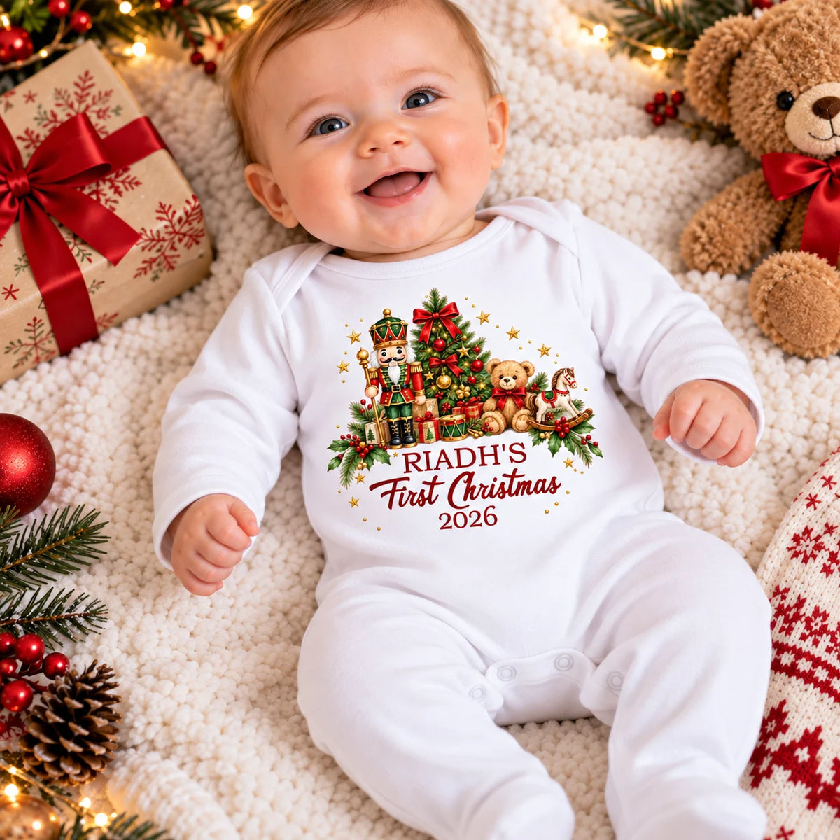 A smiling baby wearing a white long-sleeve onesie with a Christmas tree graphic and the text 'RIADH'S First Christmas 2026', posed on a cream knit blanket with holiday decorations, a gift box, pinecones, and a teddy bear.