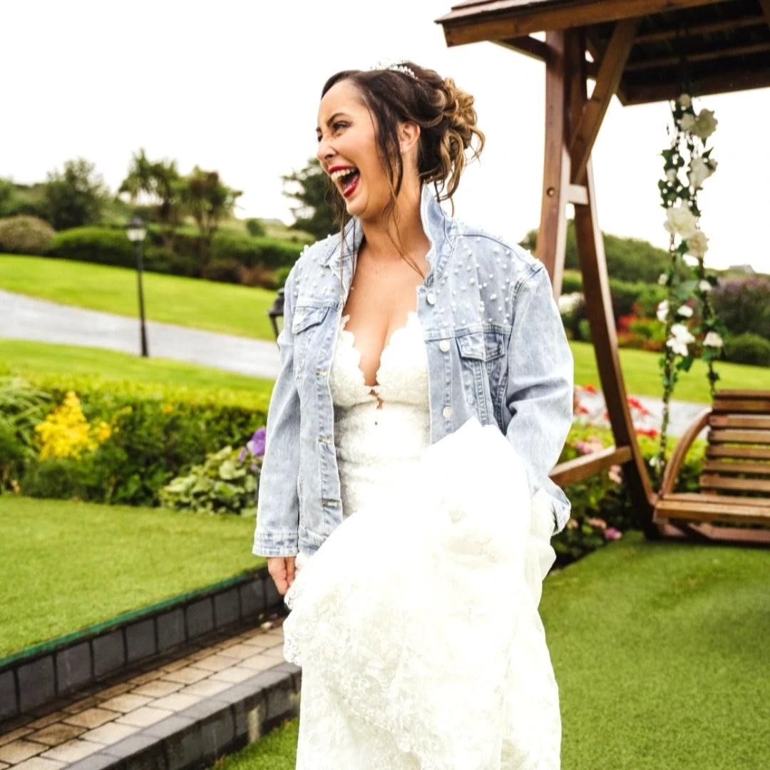 Pearl embellished denim jacket personalised with brides married name to be and wedding date under the collar