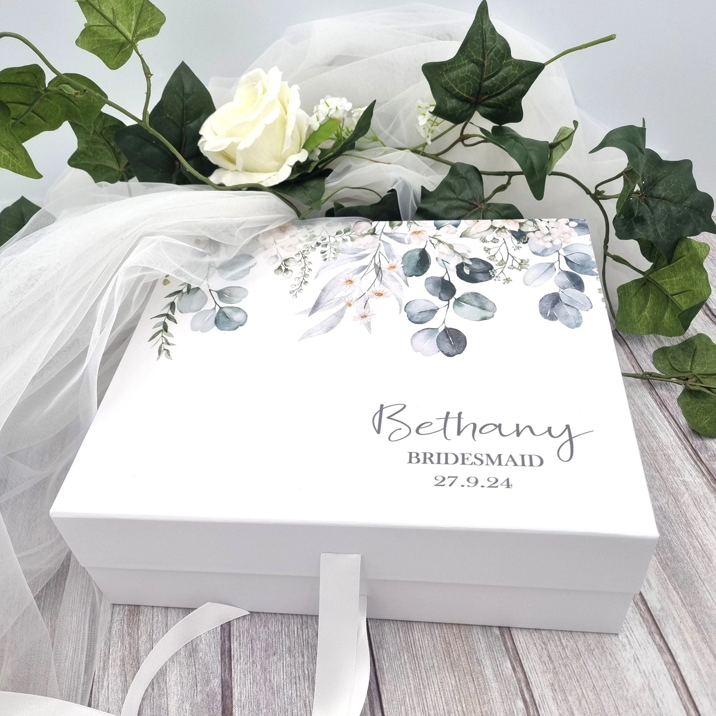 Beautiful bridesmaid personalised gift box with eucalyptus vine design.