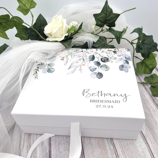 White personalised bridesmaid gift box with eucalyptus wreath design, name, title and date — handmade and printed in Co. Meath, Ireland.