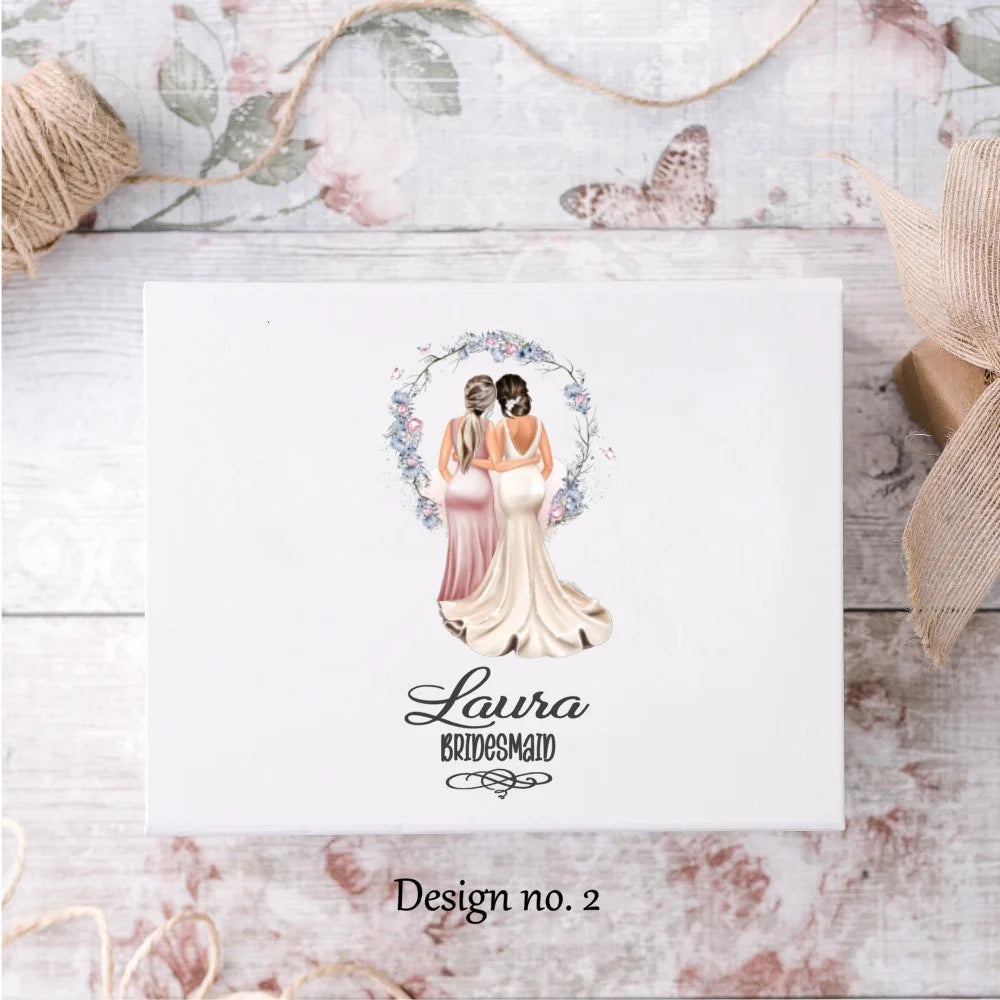 White custom gift box with bride and bridesmaid and personalised with name and title