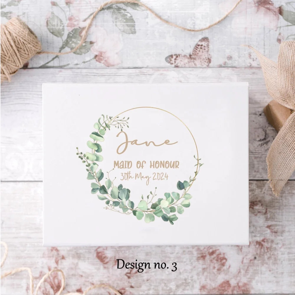 Eucalyptus wreath design on white gift box with name, title and date.