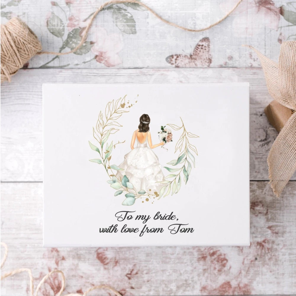 Bride to be gift box design 2 with bride and green eucalyptus wreath and personalised with bride's name.