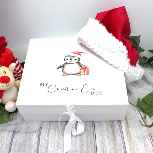 Penguin personalised Christmas eve box with picture of cute penguin with christmas gift