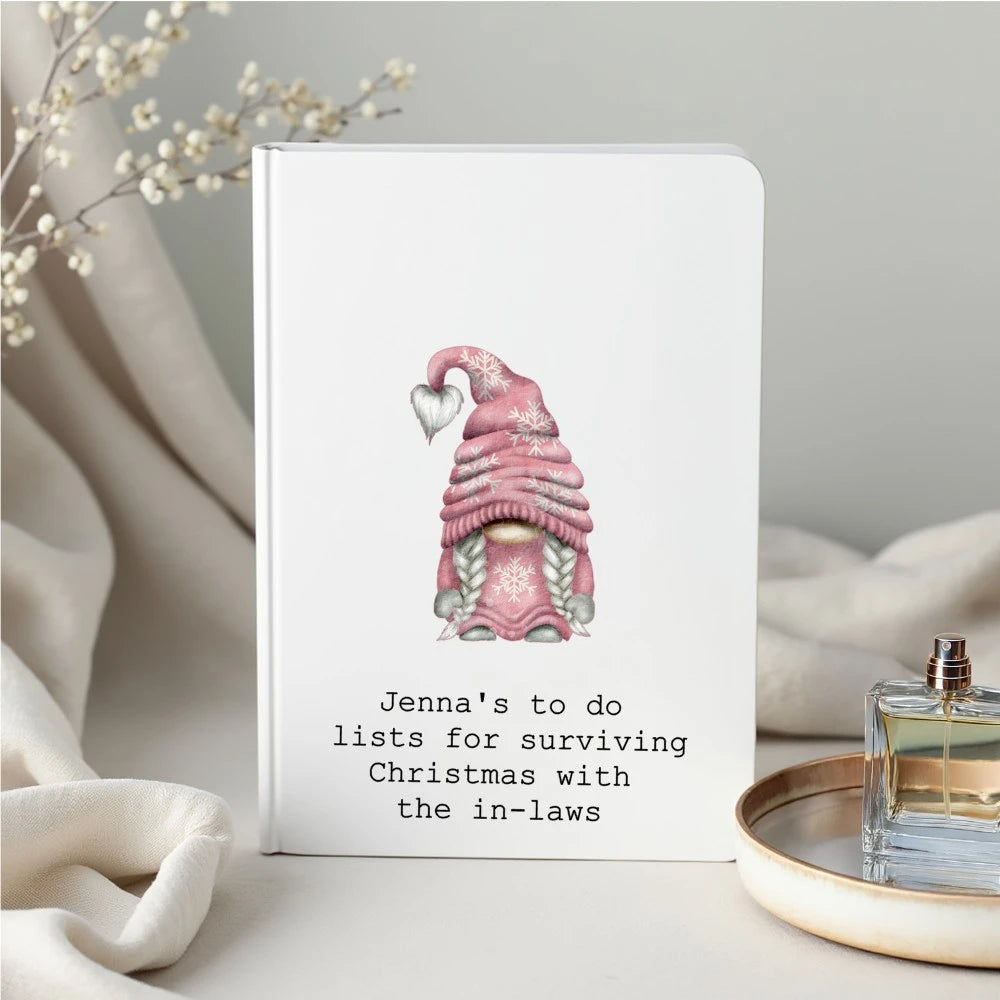 Personalised Christmas notebook with pink gnome design, custom name and text, printed in Ireland.