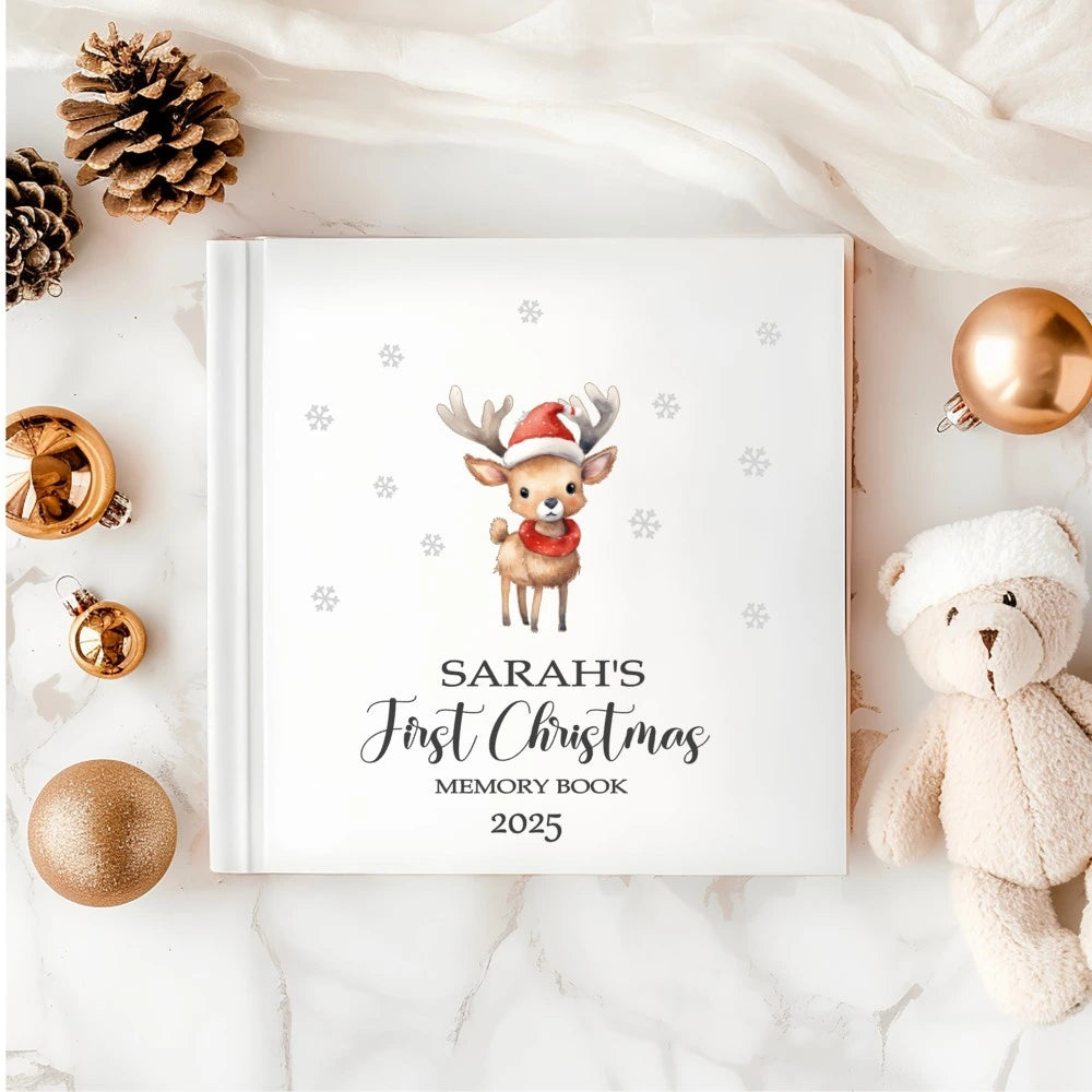 Personalised Baby’s First Christmas Memory Book with reindeer design – white hardback keepsake, handmade in Ireland