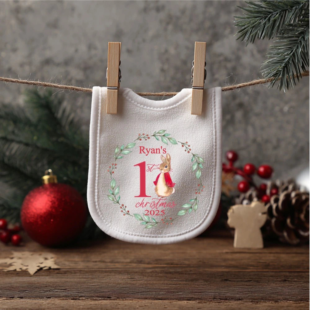 Christmas bib with christmas wreath design baby's name and first christmas 2025
