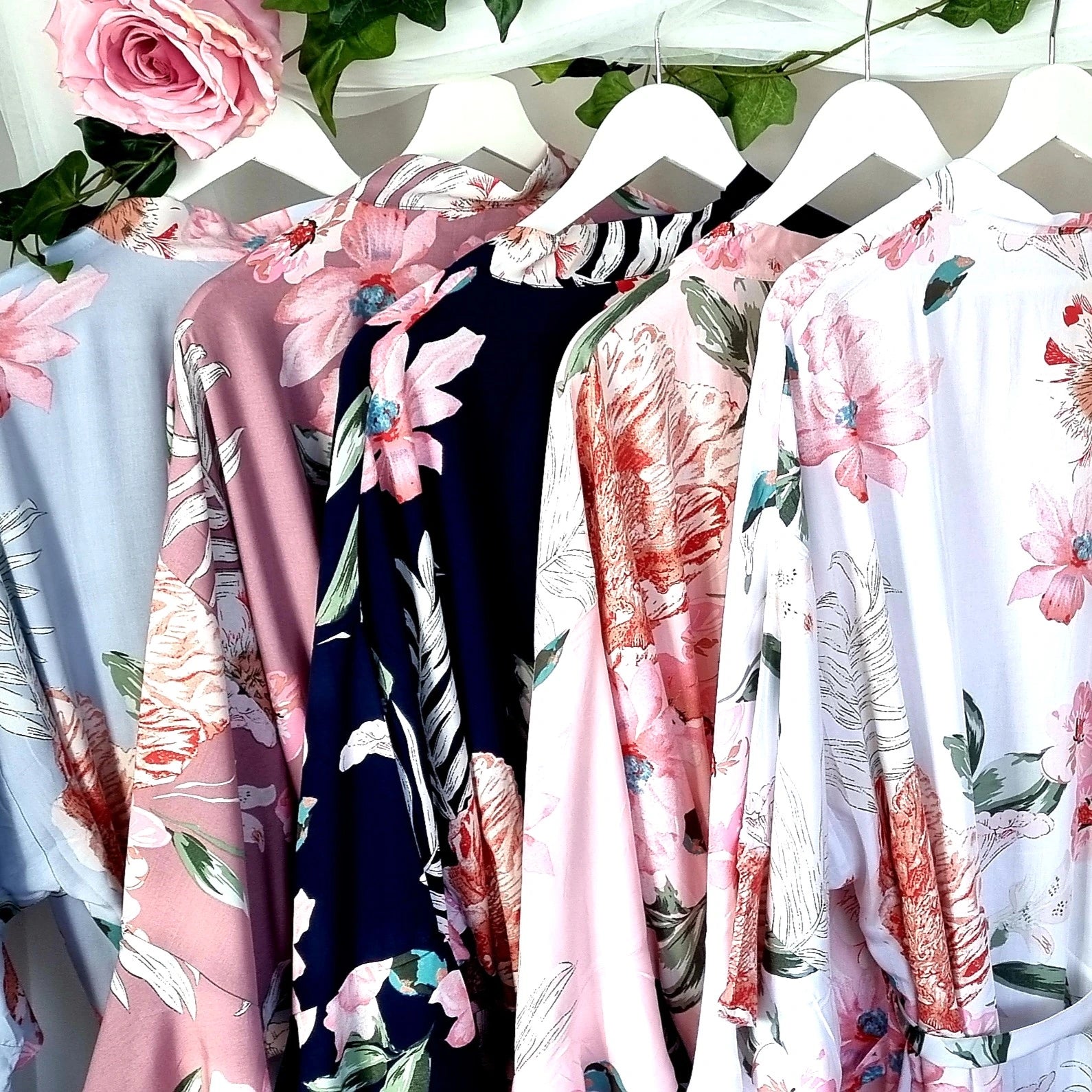 Colour options for floral pattern robes from HanaLee studios