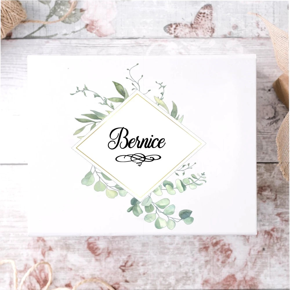 Beautiful white bridesmaid proposal gift box with green eucalyptus wreath design and name.