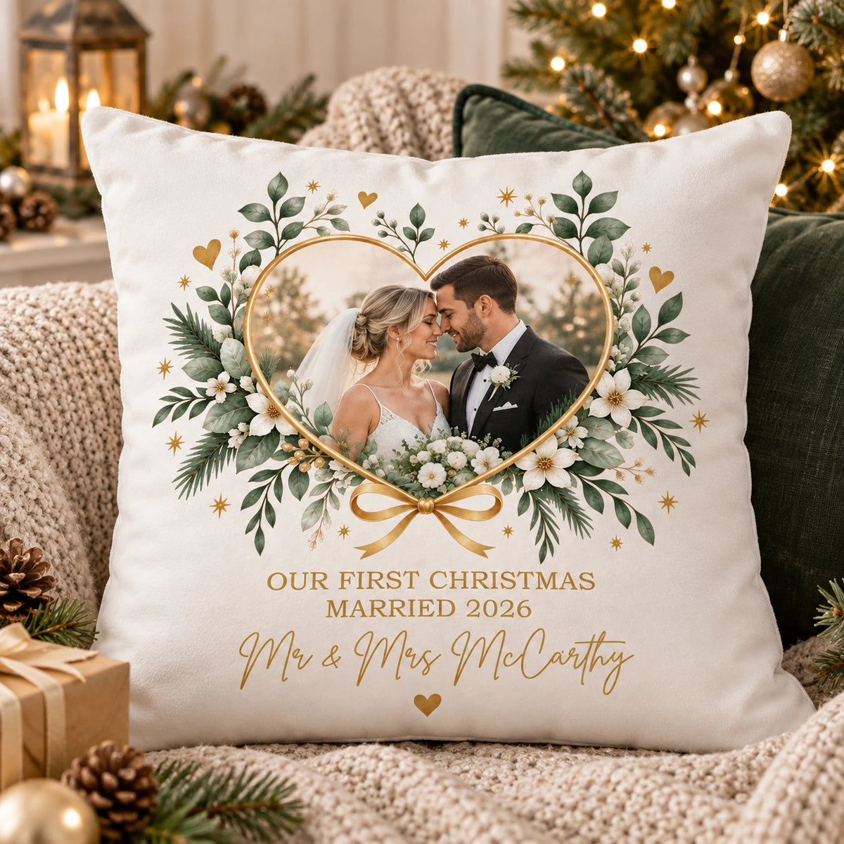 Personalised First Christmas Married Photo Cushion