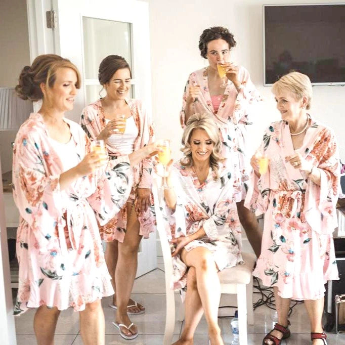White personalised floral bridal robe with name printed on back – Irish handmade wedding morning gift from HanaLee Studios Co. Meath