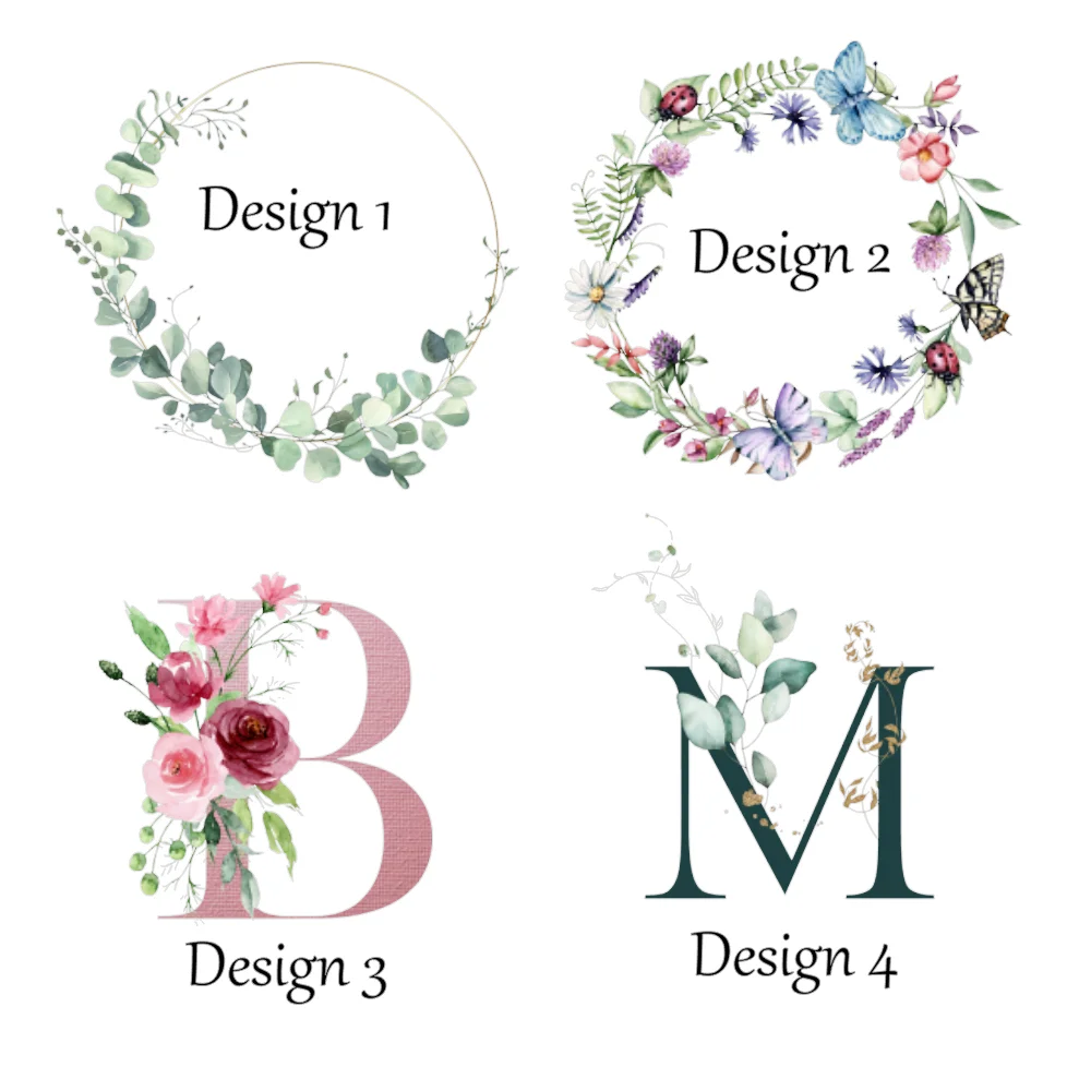Four design options for personalised flowergirl pyjamas from HanaLee Studios — eucalyptus wreath, butterfly floral wreath, and pink floral initial design.
