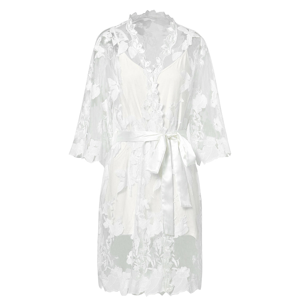 White lace bridal robe with satin belt – Irish wedding morning gift