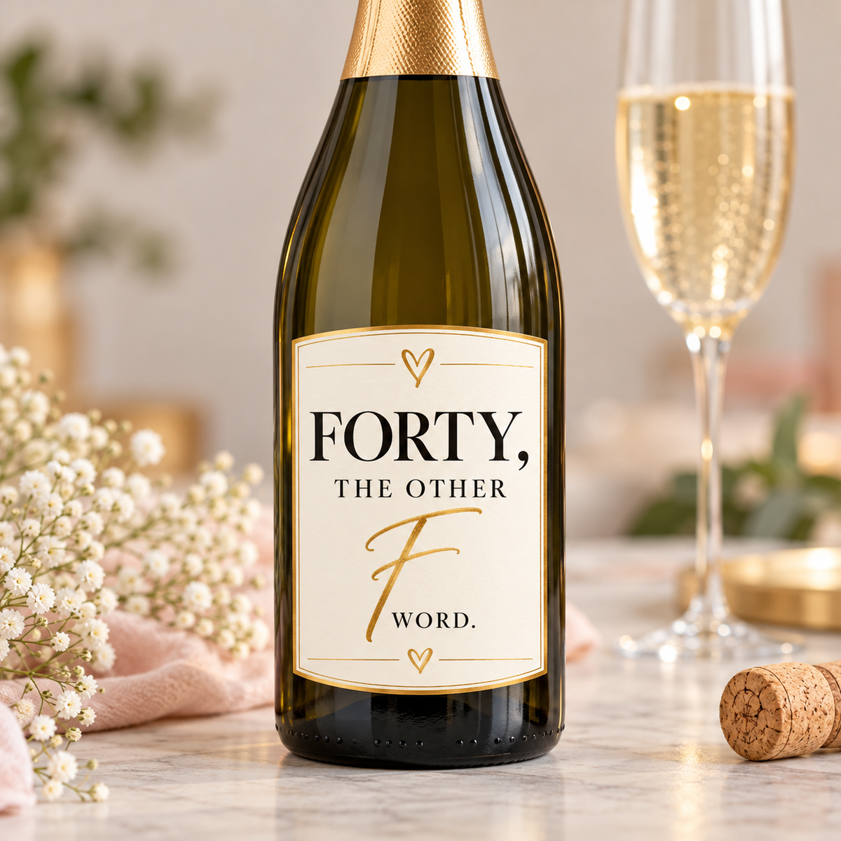Funny 40th birthday wine bottle label featuring Forty, The Other F Word in black and gold lettering on a cream background.
