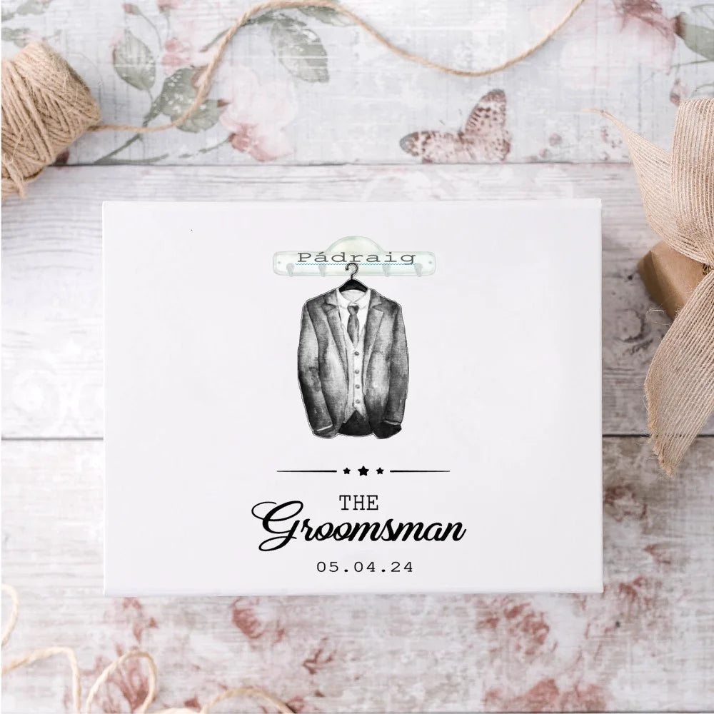 Personalised white groomsman gift box with name and date of wedding