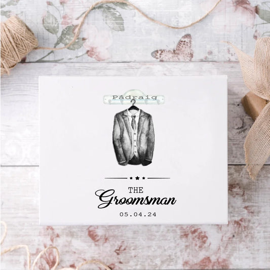 Personalised white groomsman gift box with name and date of wedding