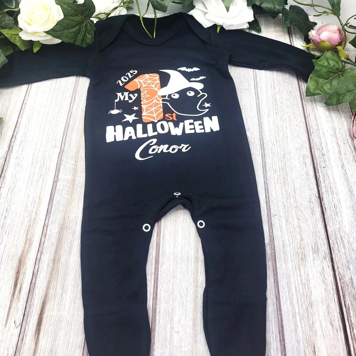 Soft cotton Halloween baby bodysuit with ghost design, name and year