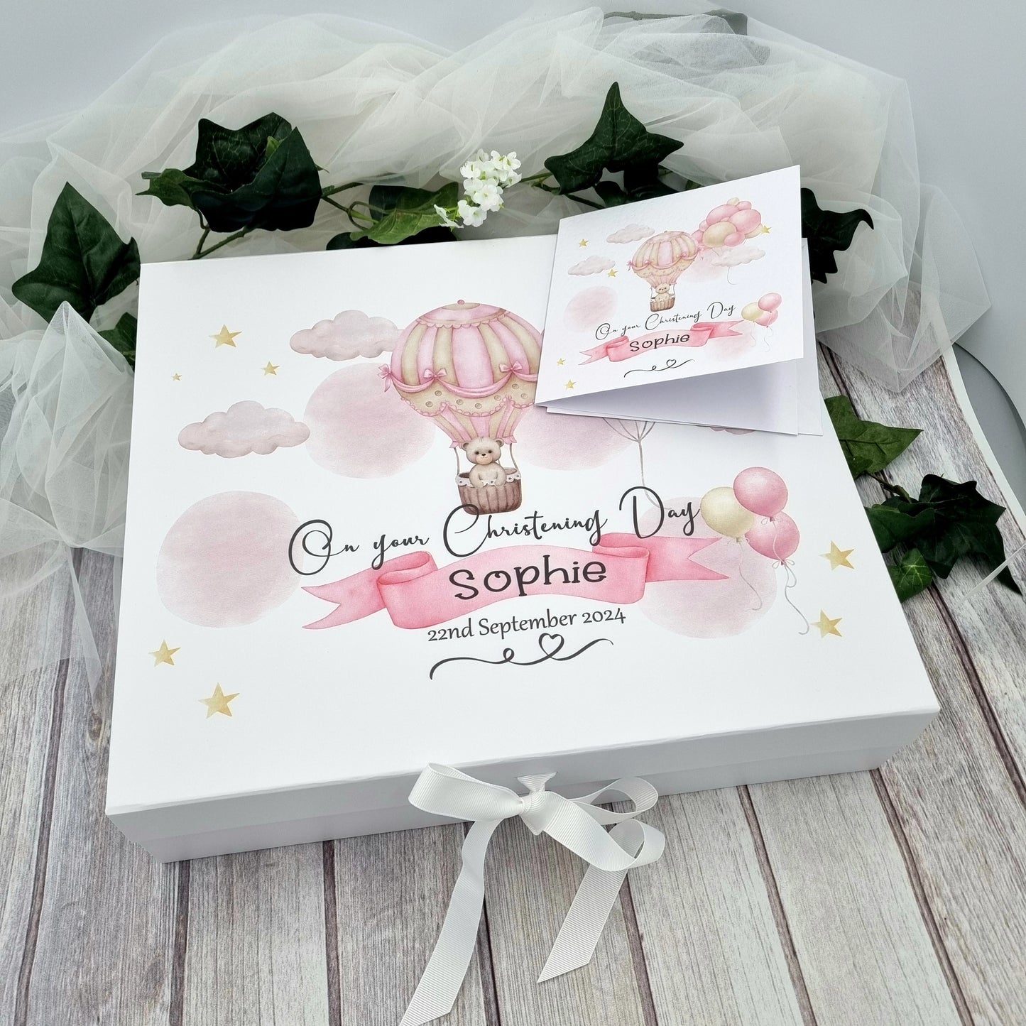 White personalised christening or naming day box with beautiful hot air balloon teddy design and personalised with baby details.