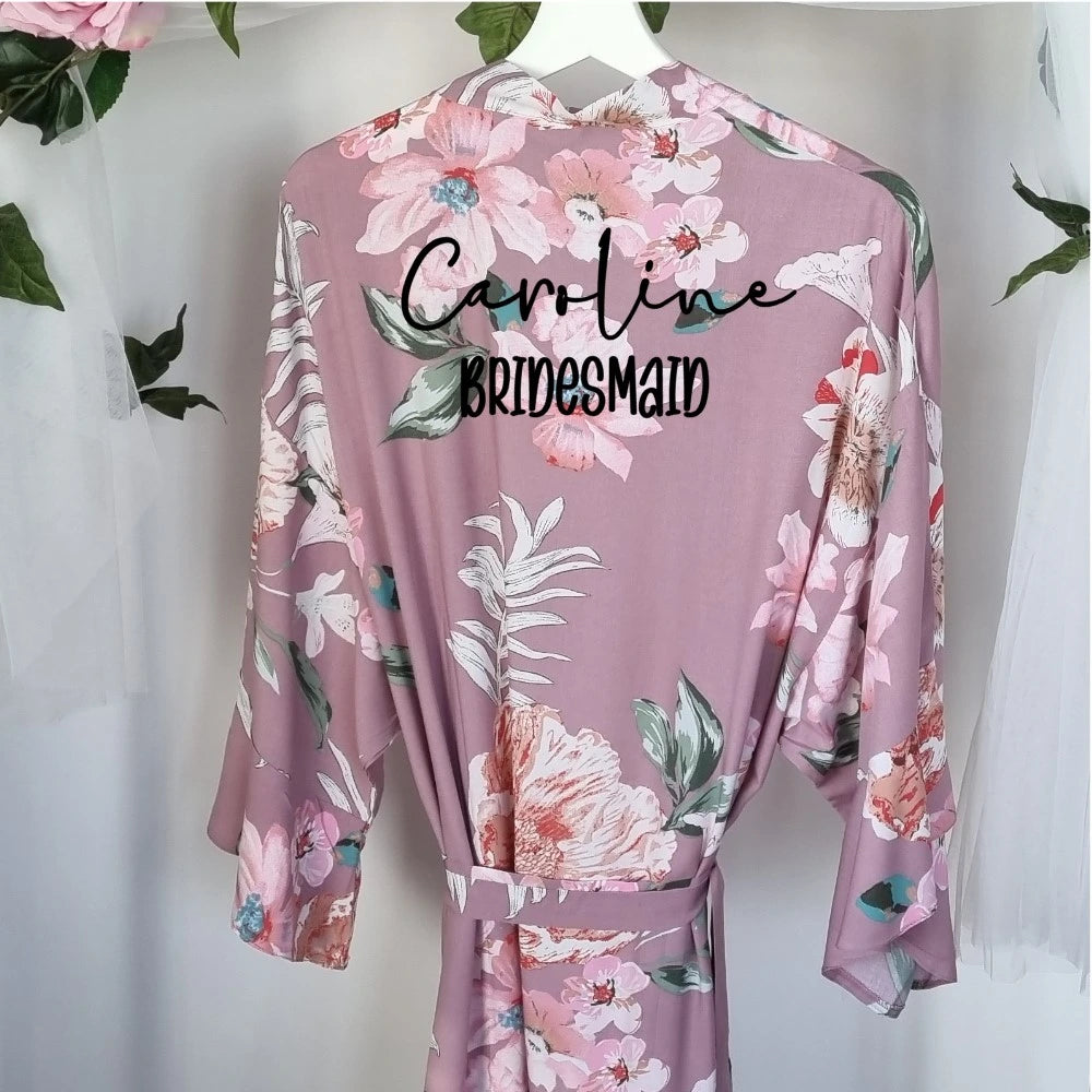 Personalised name printed on floral bridal robe – local Irish printing in Co. Meath by HanaLee Studios