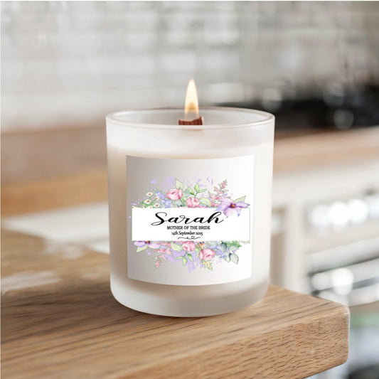 Personalised Mother of the Bride candle with floral label, Irish-made soy wax wedding gift presented in a white gift box