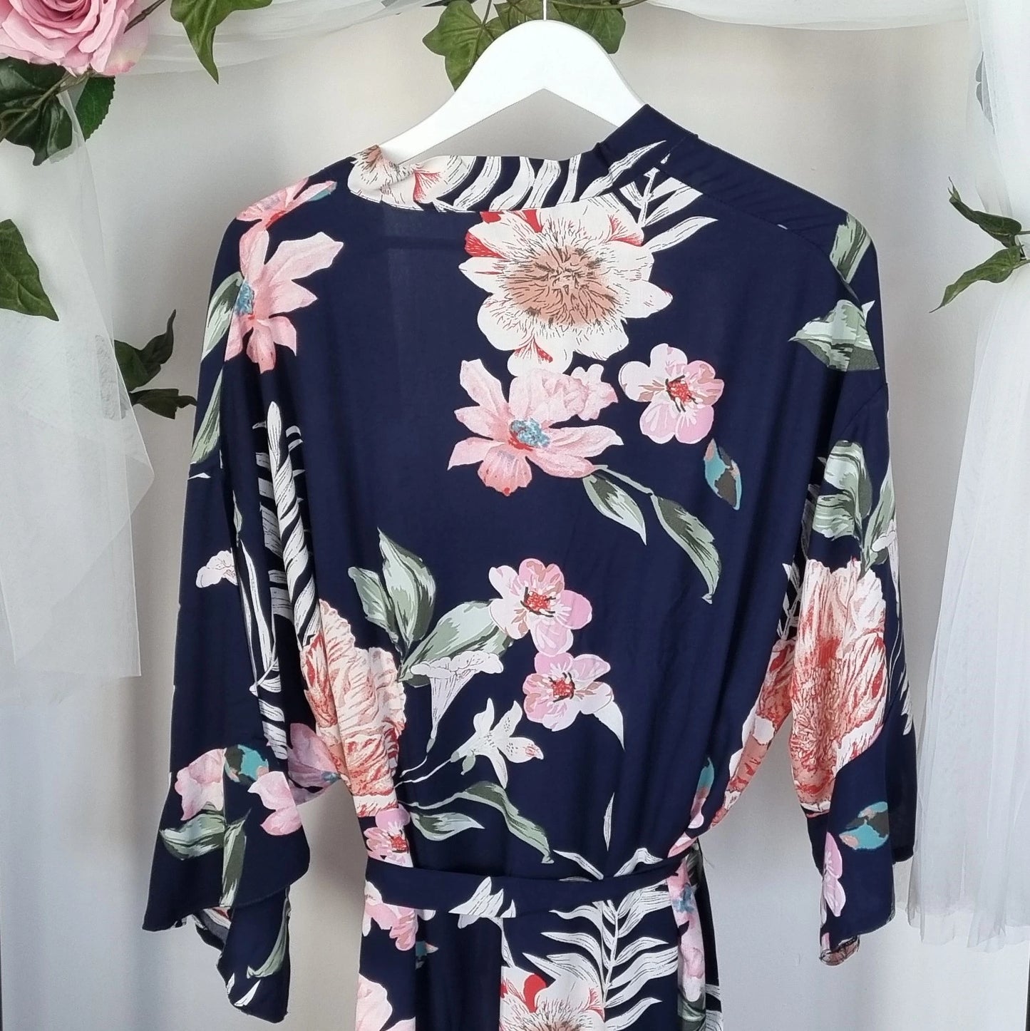 Navy floral bridal robe personalised with white name print – handmade Irish bridesmaid robe for wedding morning