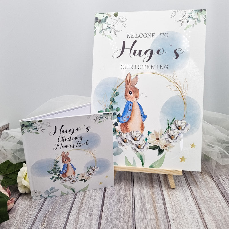 Personalised Rabbit Christening Memory Book & Sign Bundle