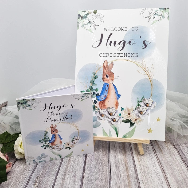 Personalised Rabbit Christening Memory Book & Sign Bundle