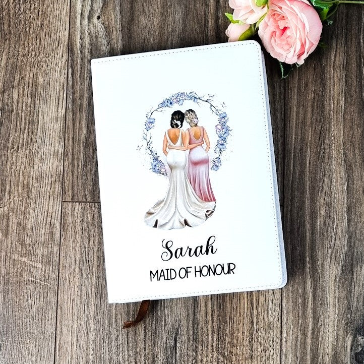 White A5 notebook with bride and bridesmaid design and personalised with name and title