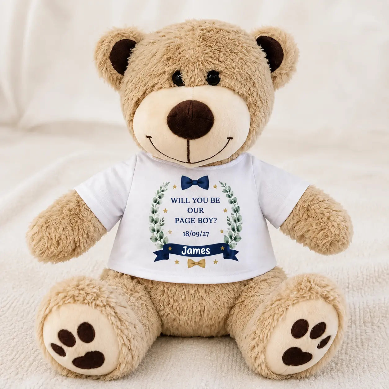 Personalised page boy proposal brown teddy bear with white T-shirt, name and wedding date