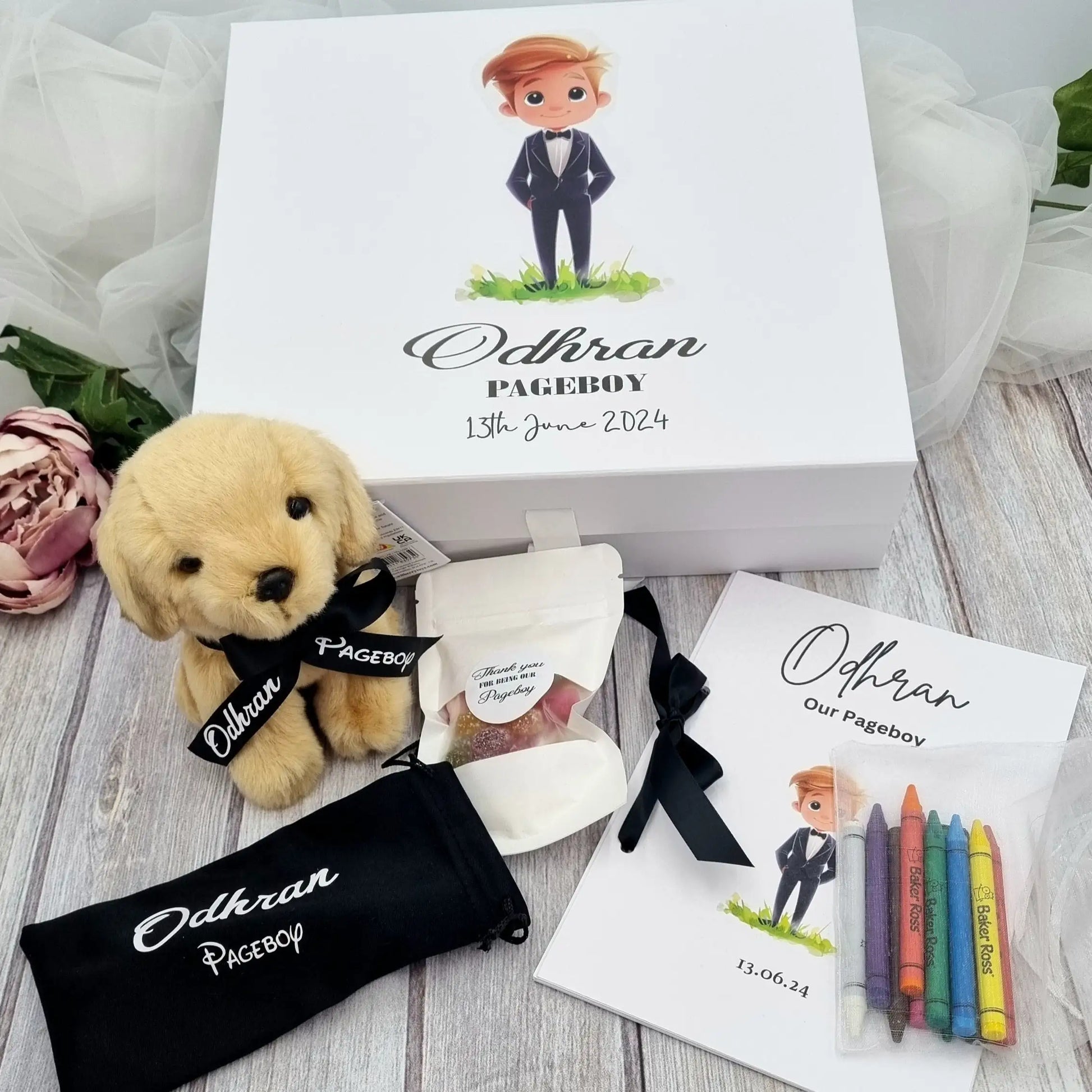 beautiful personalised page boy gift set with teddy, activity book, crayons, sweets & sunglasses