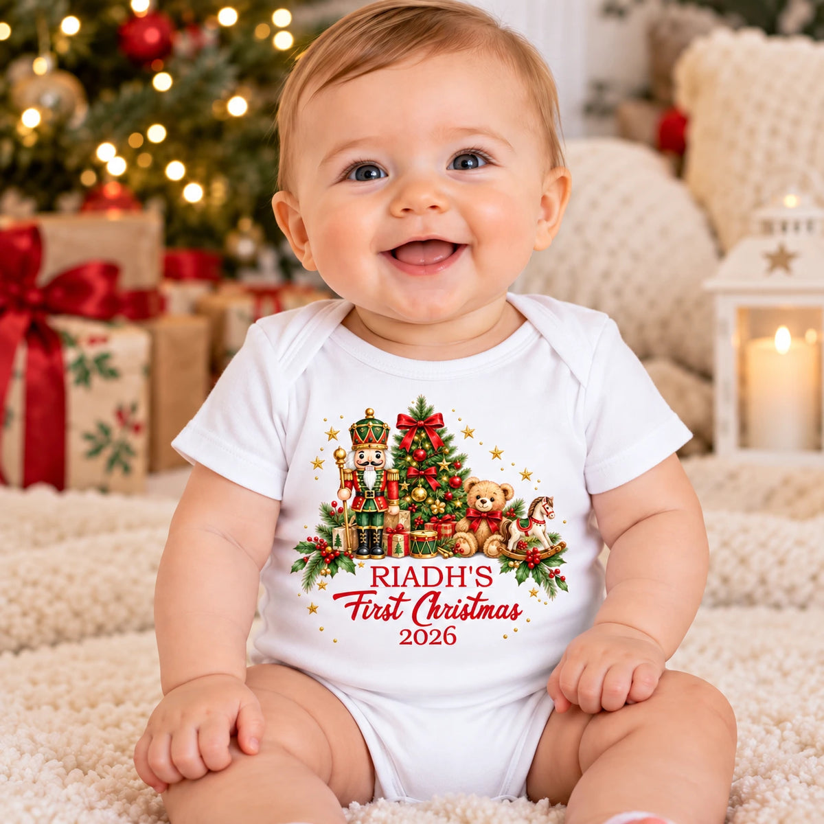 Personalised Baby’s First Christmas white vest with Nutcracker design, baby’s name and year