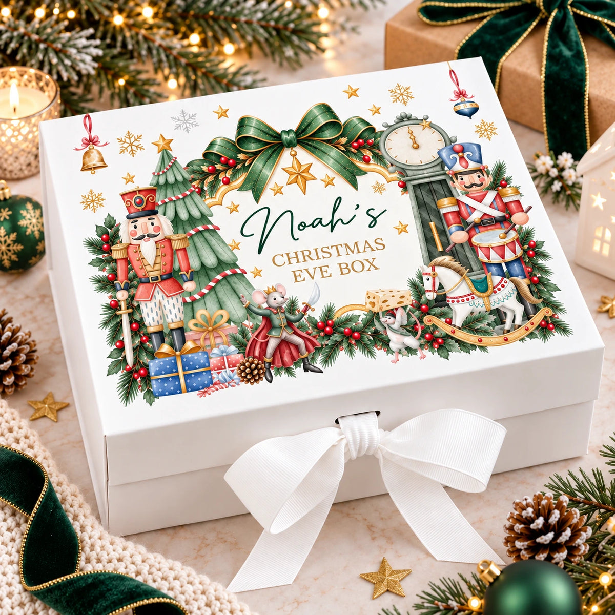 Personalised boys Christmas Eve box with name Noah and colourful Nutcracker Christmas design