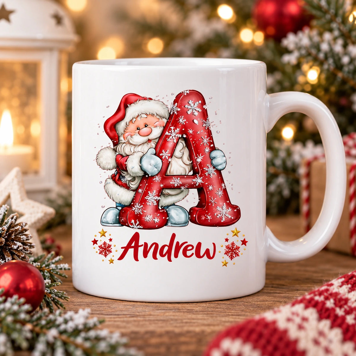 Personalised children’s Christmas mug with red initial, Santa design and child’s name Andrew