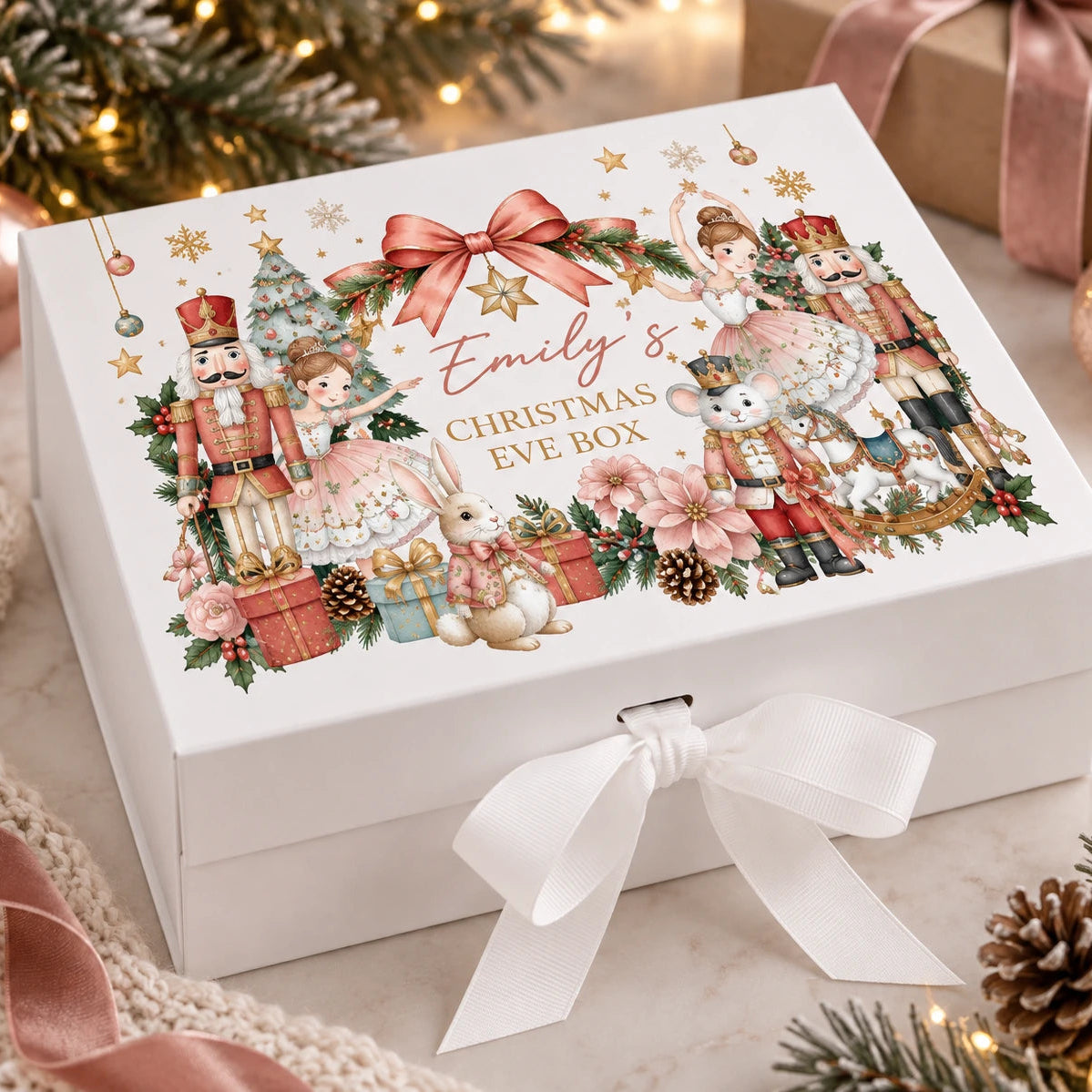 Personalised white Christmas Eve box for a child with name and festive Nutcracker design