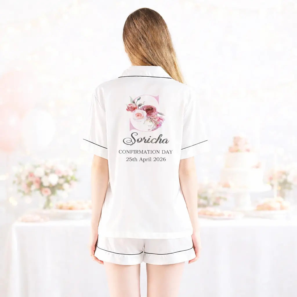 White personalised confirmation pyjamas for girls with floral initial, name and confirmation date, Irish made keepsake