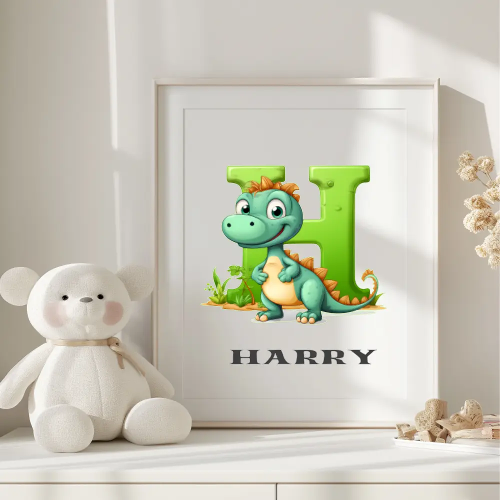 Personalised dinosaur initial print with custom name, A4 or A3 size, Irish-made nursery decor.