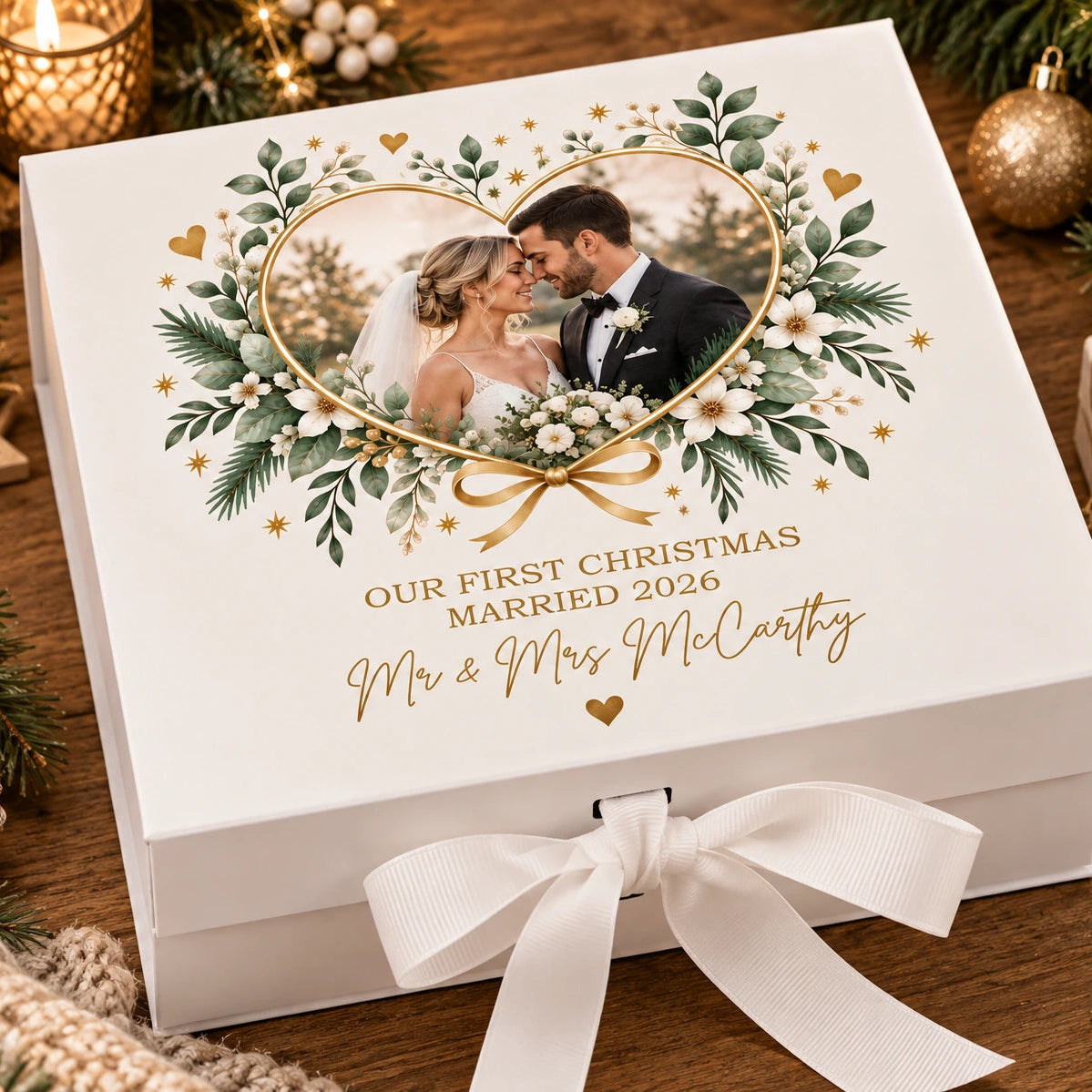 Personalised First Christmas Married keepsake box with wedding photo, couple’s surname and year