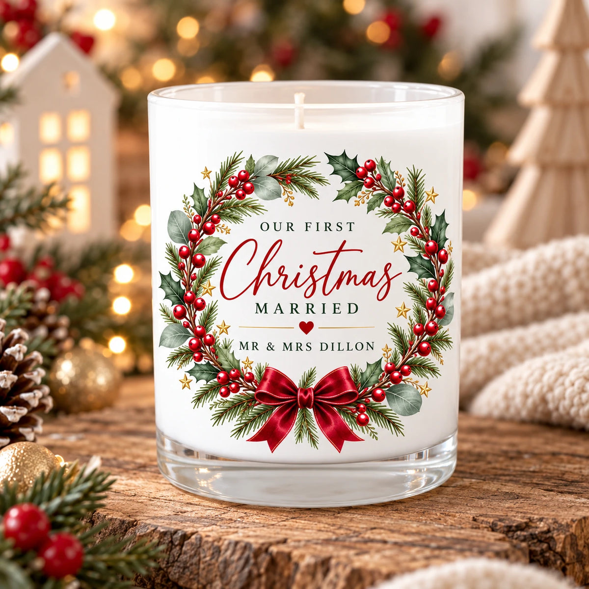 Personalised First Christmas Married soy wax candle with Mr and Mrs Dillon, festive wreath and red bow