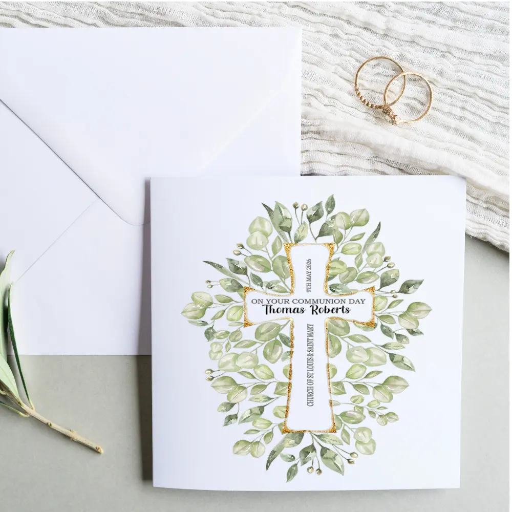 Personalised First Communion card featuring a botanical cross design with greenery, customised with name, date and church, Irish made.