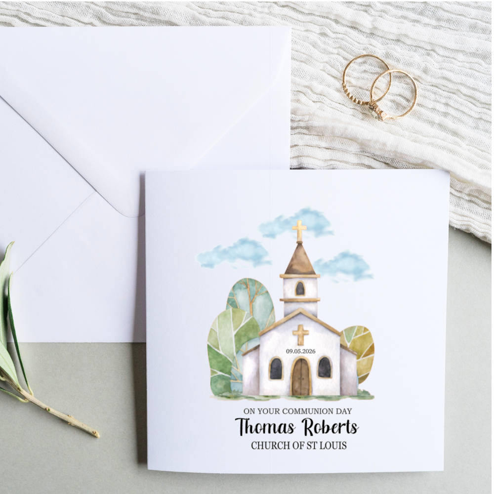 Personalised First Communion card with watercolour church illustration, customised with name, date and church, Irish made.