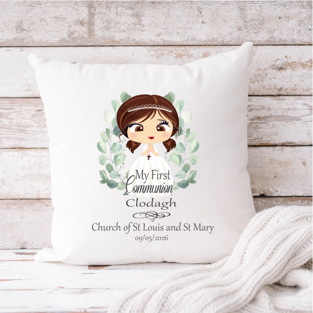 Personalised First Communion white velvet cushion for girls, printed in Ireland with child’s name, church and Communion date