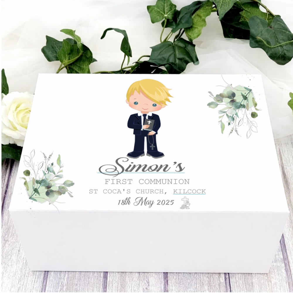 Personalised First Communion gift box with custom name, boy design and date, Irish made keepsake