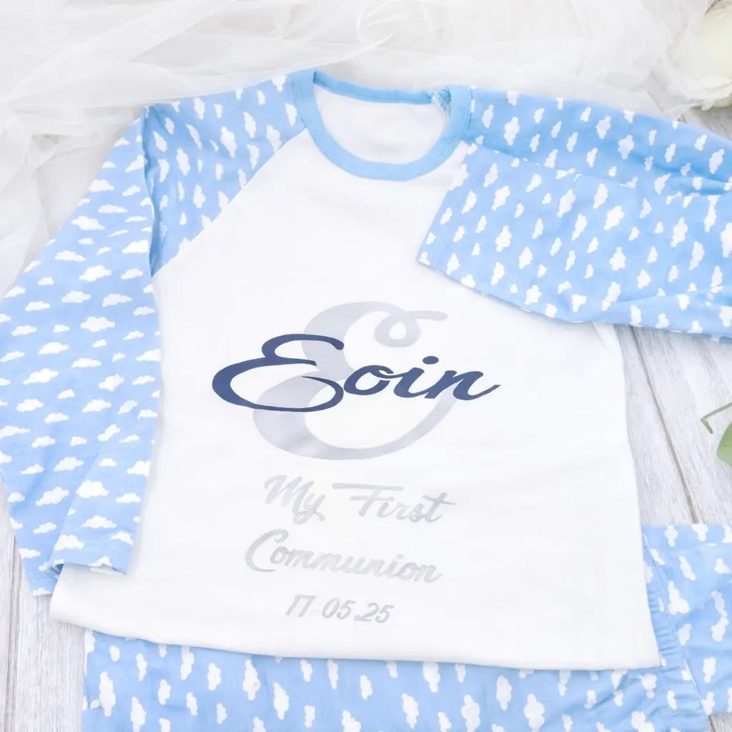 Personalised First Communion pyjamas for boy with blue cloud print sleeves, custom name and communion date, Irish made keepsake nightwear