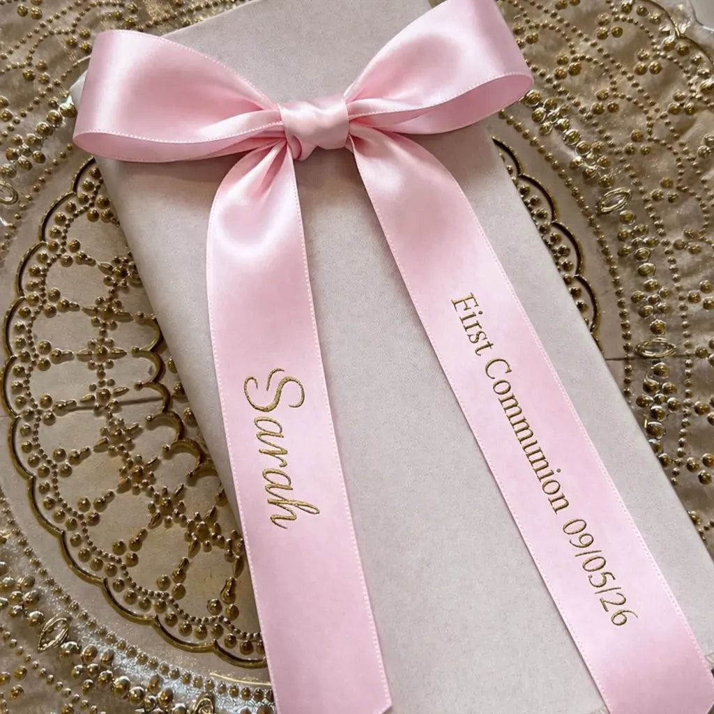 personalised satin first communion ribbon with name and date printed on both sides in ireland
